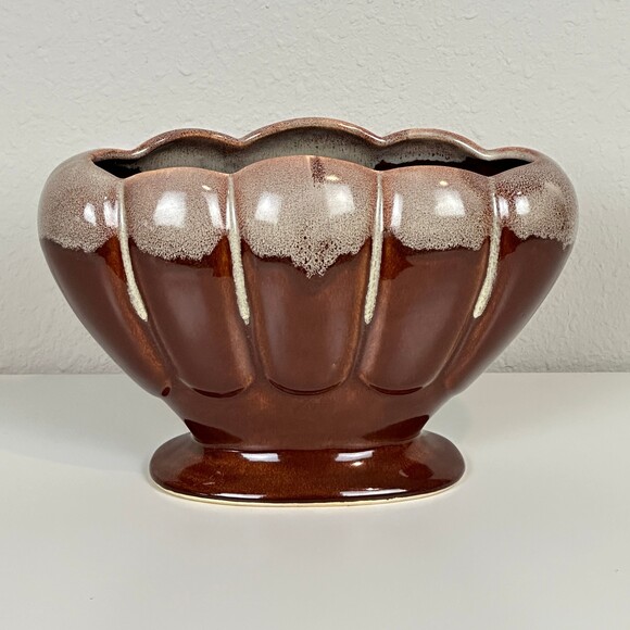 Vintage Aborn California H-6 Mid-century Brown Ceramic Pottery Fan Vase - Picture 2 of 10